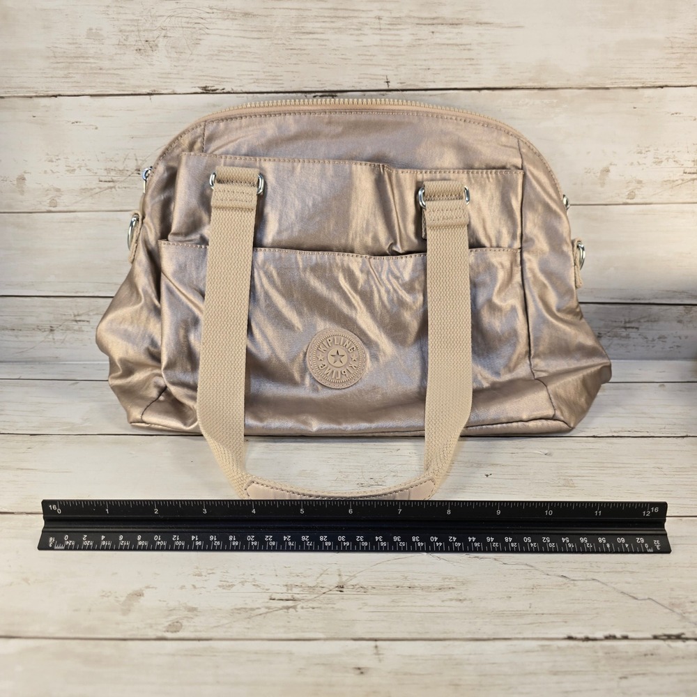 Kipling Metallic Rose Gold Nylon Satchel Handbag Top Handle Travel Bag